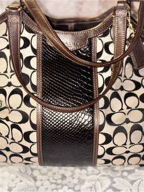 YTK Coach Devin Signature Tote with Brown Leather Trim XL